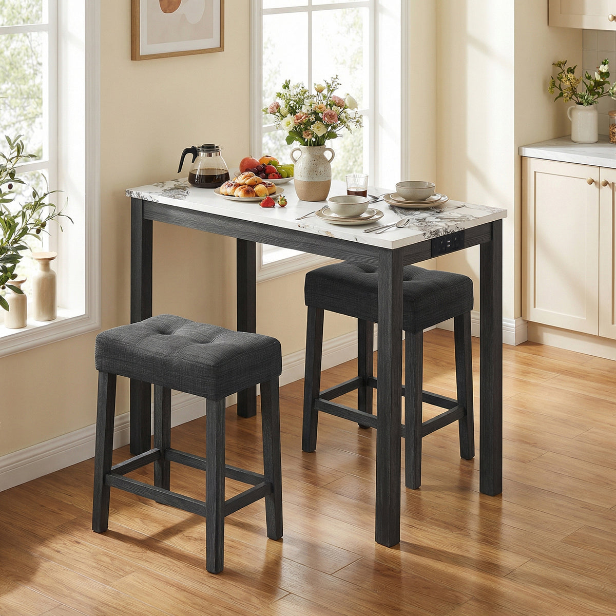3-Piece Bar Table Set with Charging Station Modern Counter Height Breakfast Table with Faux Marble Top-White