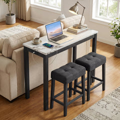 3-Piece Bar Table Set with Charging Station Modern Counter Height Breakfast Table with Faux Marble Top-White