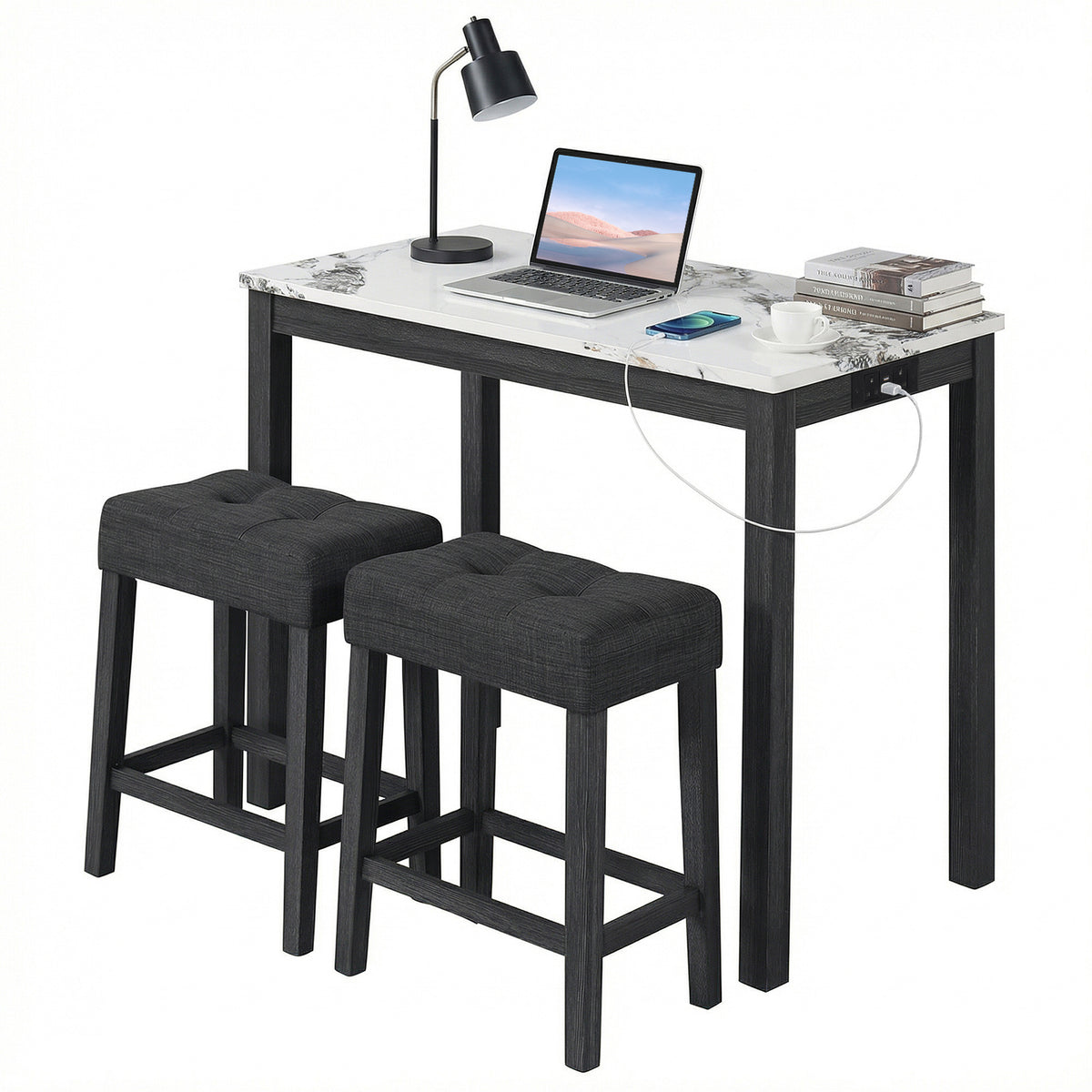 3-Piece Bar Table Set with Charging Station Modern Counter Height Breakfast Table with Faux Marble Top-White
