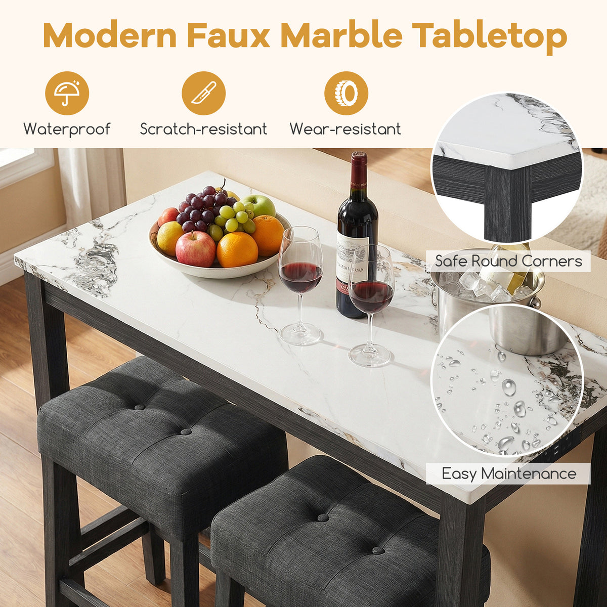 3-Piece Bar Table Set with Charging Station Modern Counter Height Breakfast Table with Faux Marble Top-White