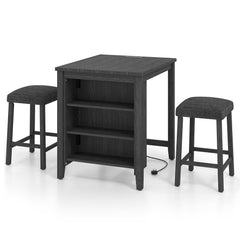 3-Piece Bar Table Set with Power Outlet Counter Height Kitchen Dining Table-Black