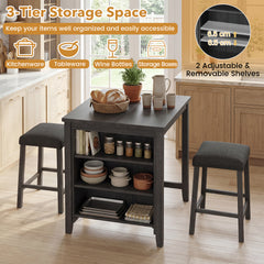 3-Piece Bar Table Set with Power Outlet Counter Height Kitchen Dining Table-Black