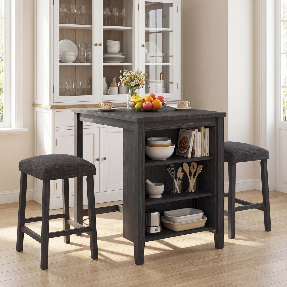 3-Piece Bar Table Set with Power Outlet Counter Height Kitchen Dining Table-Black