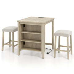 3-Piece Bar Table Set with Power Outlet Counter Height Kitchen Dining Table-Grey