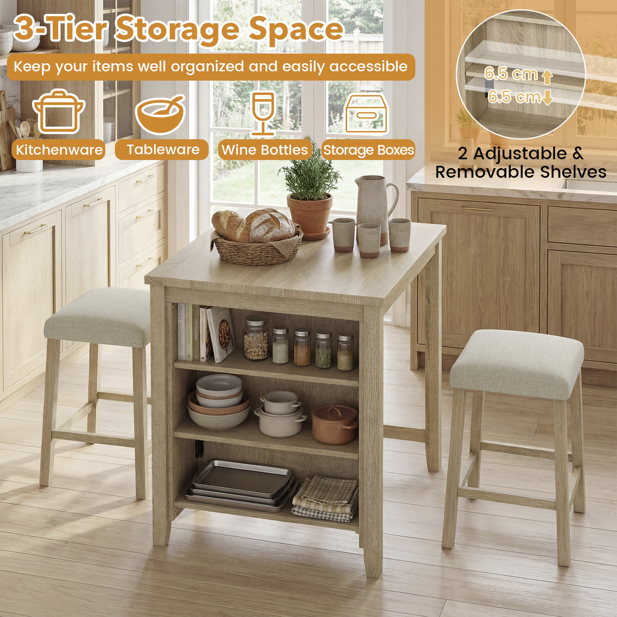 3-Piece Bar Table Set with Power Outlet Counter Height Kitchen Dining Table-Grey