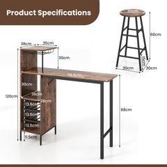 3-Piece Bar Table and Chair Set with Wine Glass Holders and 6-Bottle Wine Racks-Brown