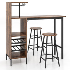 3-Piece Bar Table and Chair Set with Wine Glass Holders and 6-Bottle Wine Racks-Brown