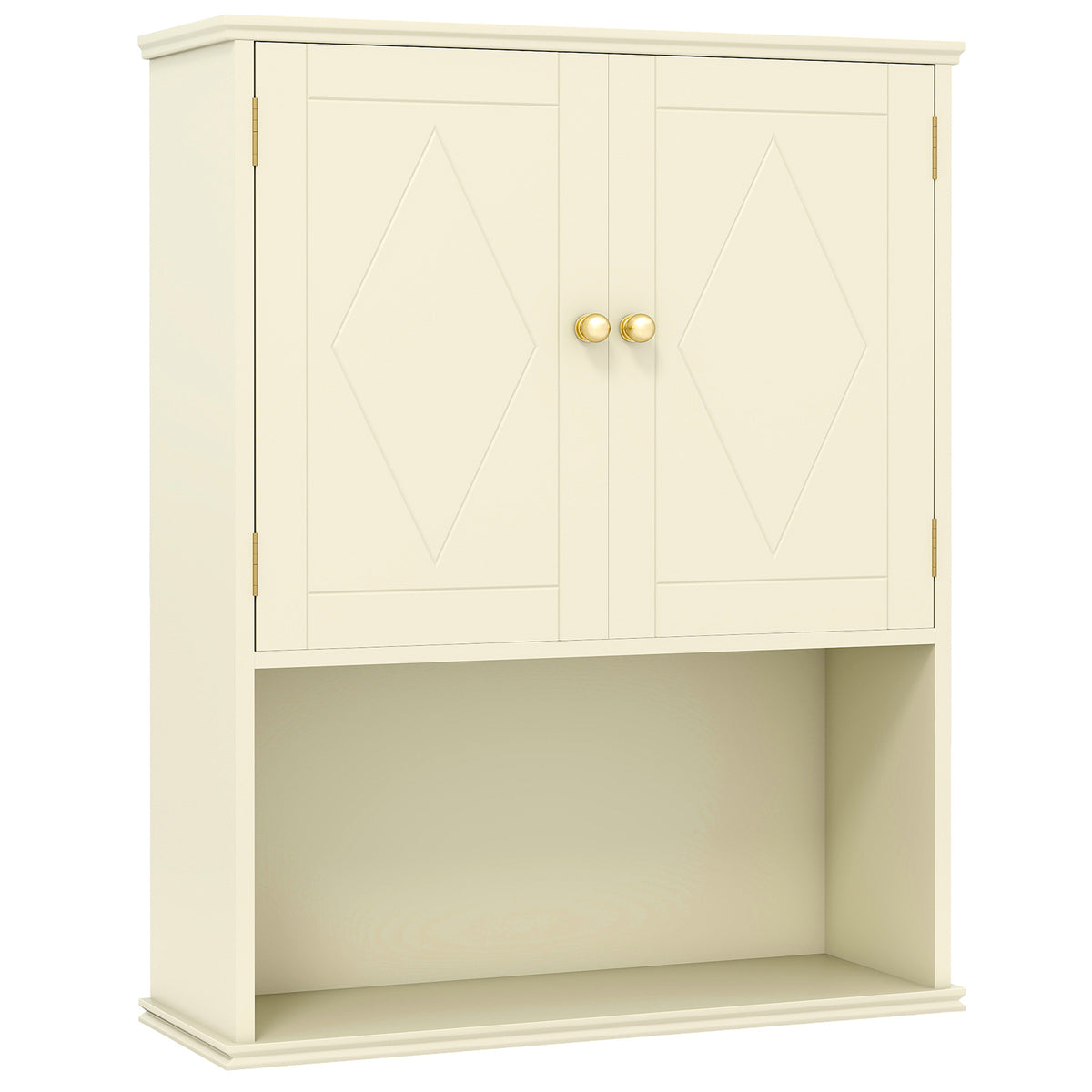 The wall cabinet featuring two doors with diamond patterns and an open storage shelf below
