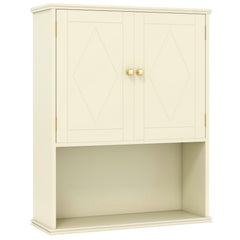 The wall cabinet featuring two doors with diamond patterns and an open storage shelf below