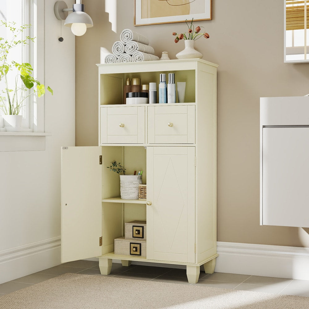 The floor cabinet with one cupboard door open showing internal shelving and storage items