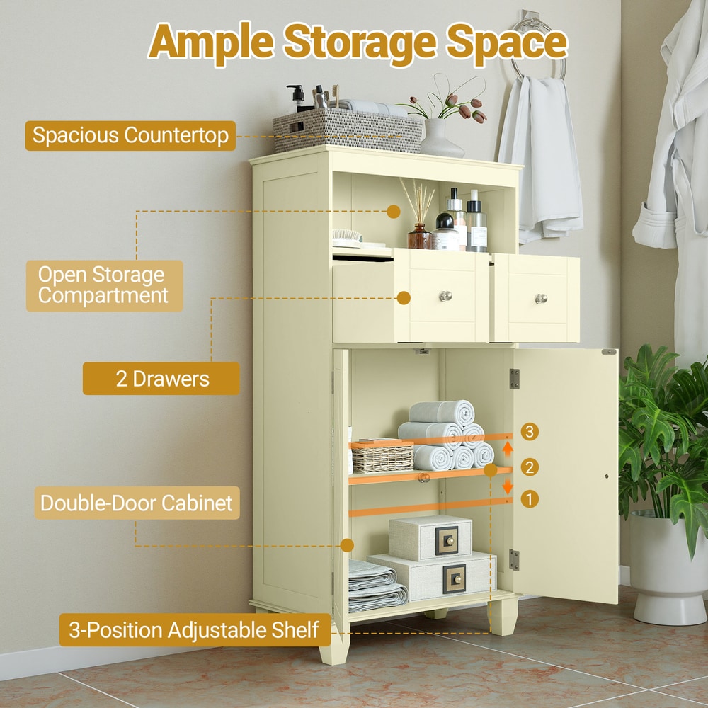 The floor cabinet with labels highlighting storage features and adjustable shelf positions