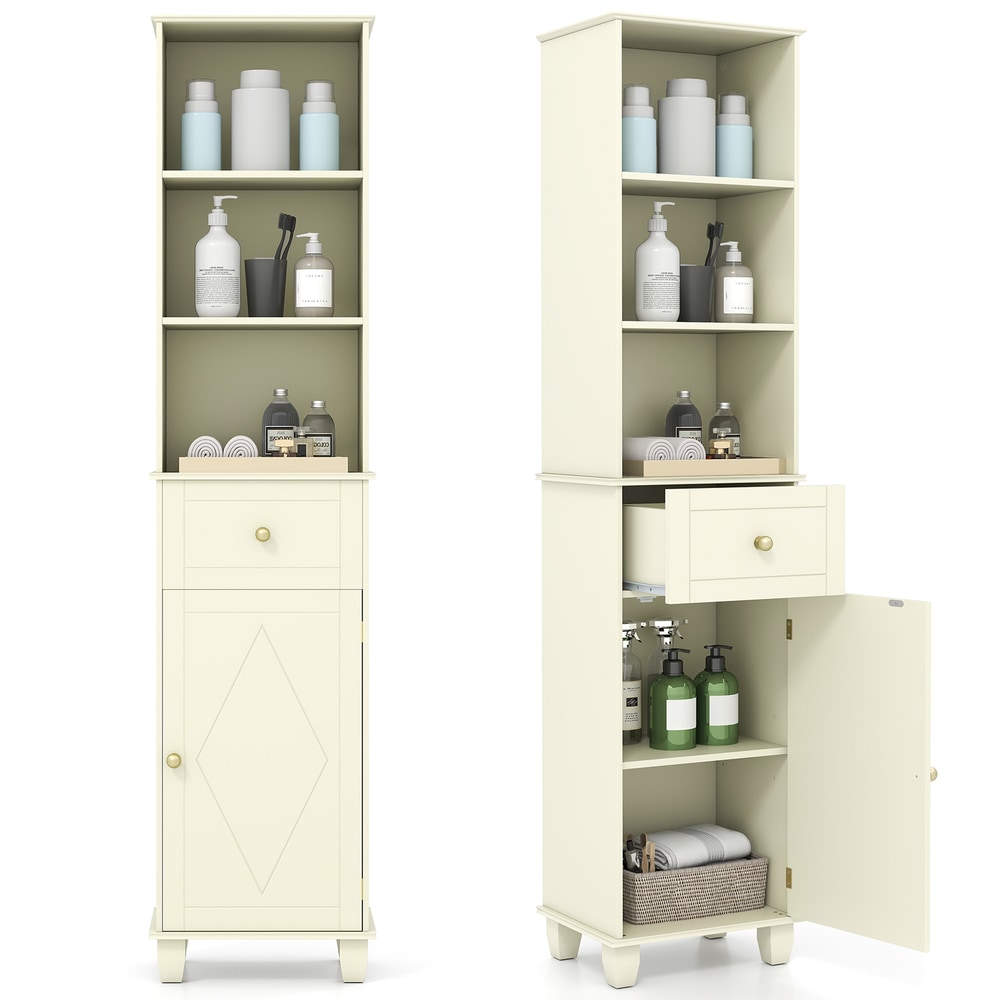 The tall cabinet shown closed and with the drawer and cupboard door open to reveal storage