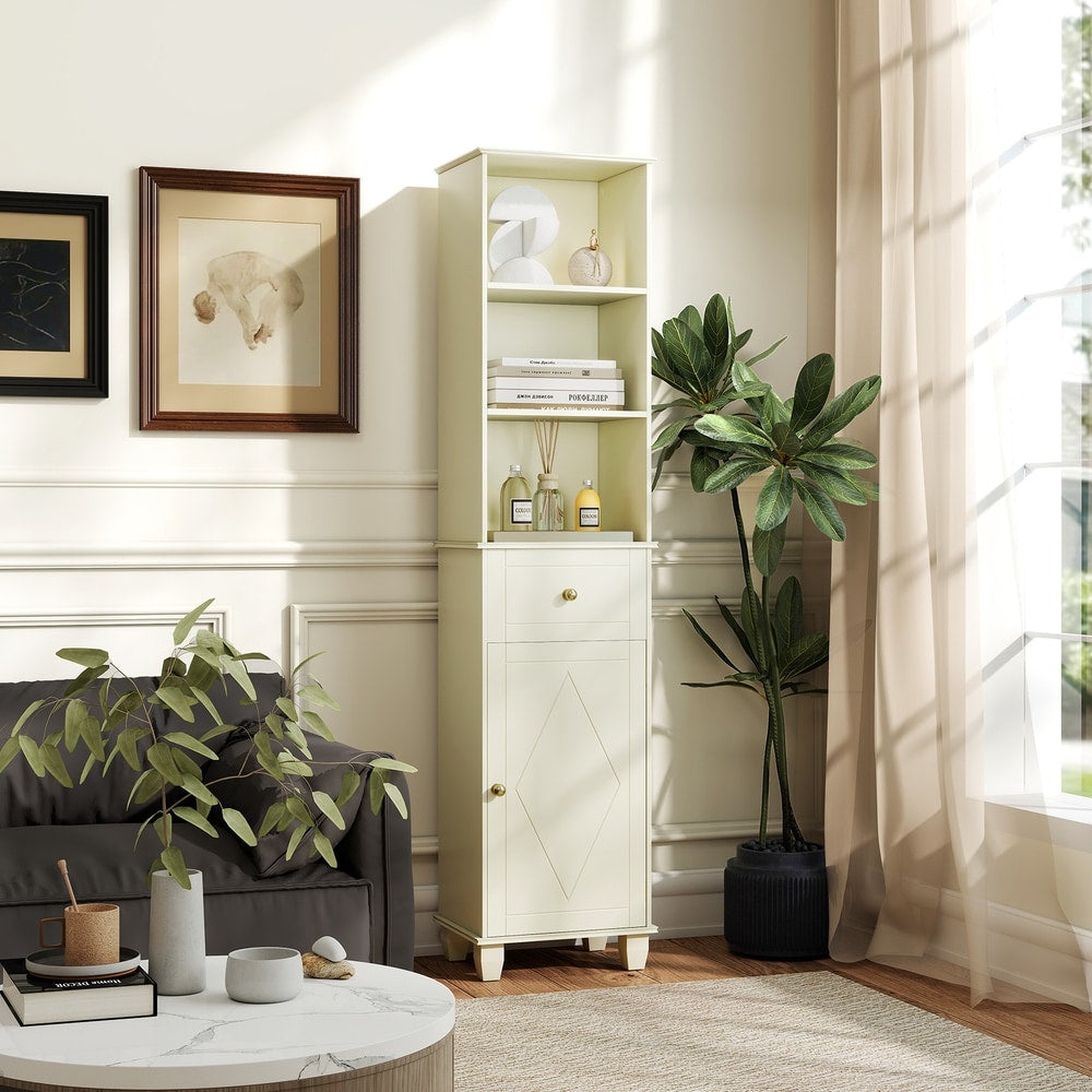 The tall cabinet placed in a living room corner next to a sofa and a large green plant