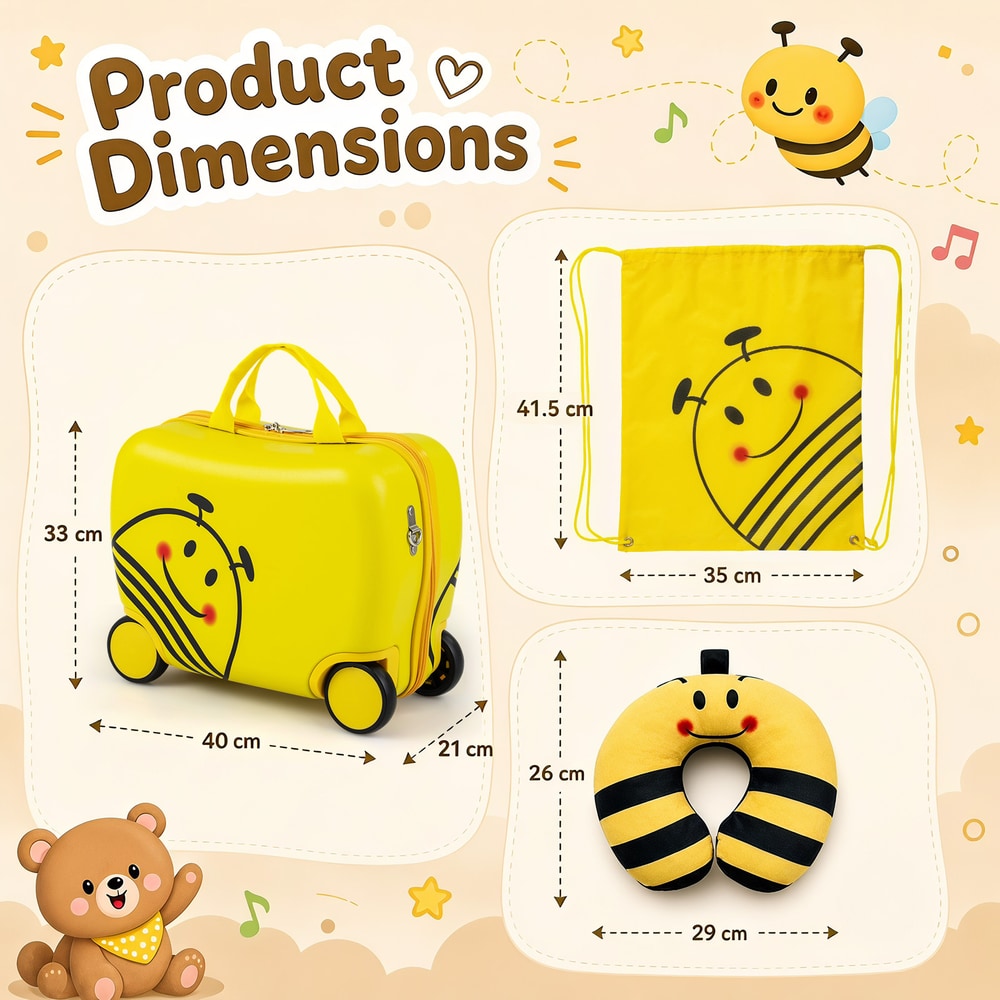 Product dimensions diagram for the kids luggage set showing suitcase, rucksack and neck pillow sizes