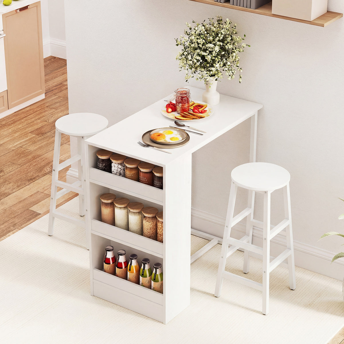 3-Piece Dining Table Set 91 cm Counter Height Bistro Table with 3 Storage Shelves-White