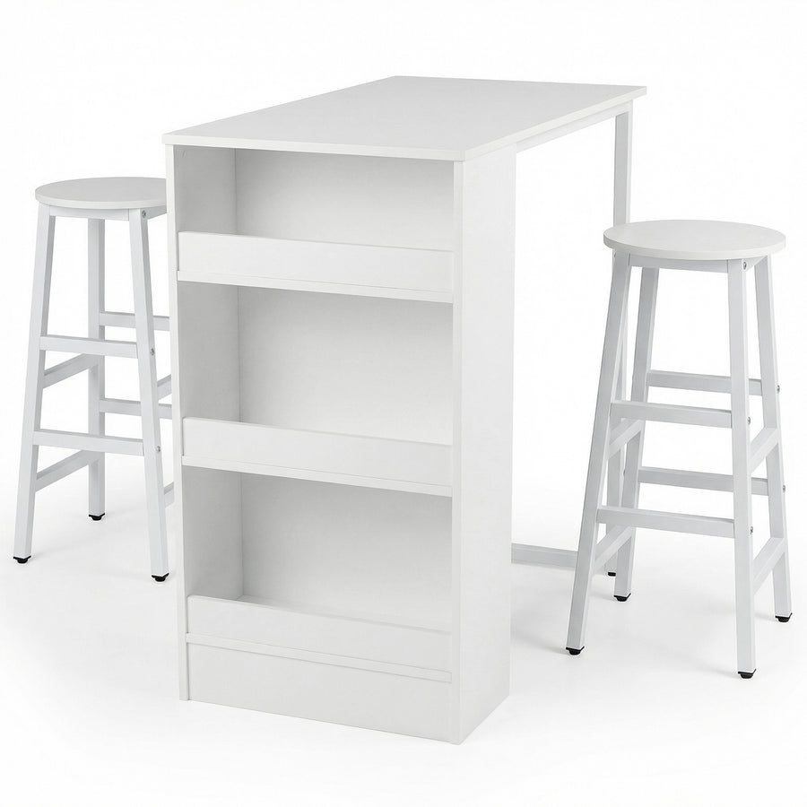 3-Piece Dining Table Set 91 cm Counter Height Bistro Table with 3 Storage Shelves-White