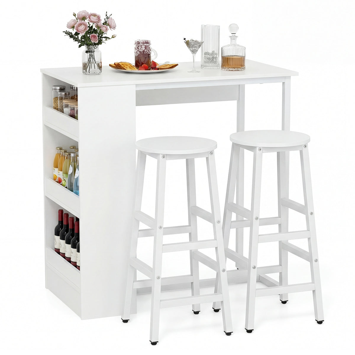 3-Piece Dining Table Set 91 cm Counter Height Bistro Table with 3 Storage Shelves-White