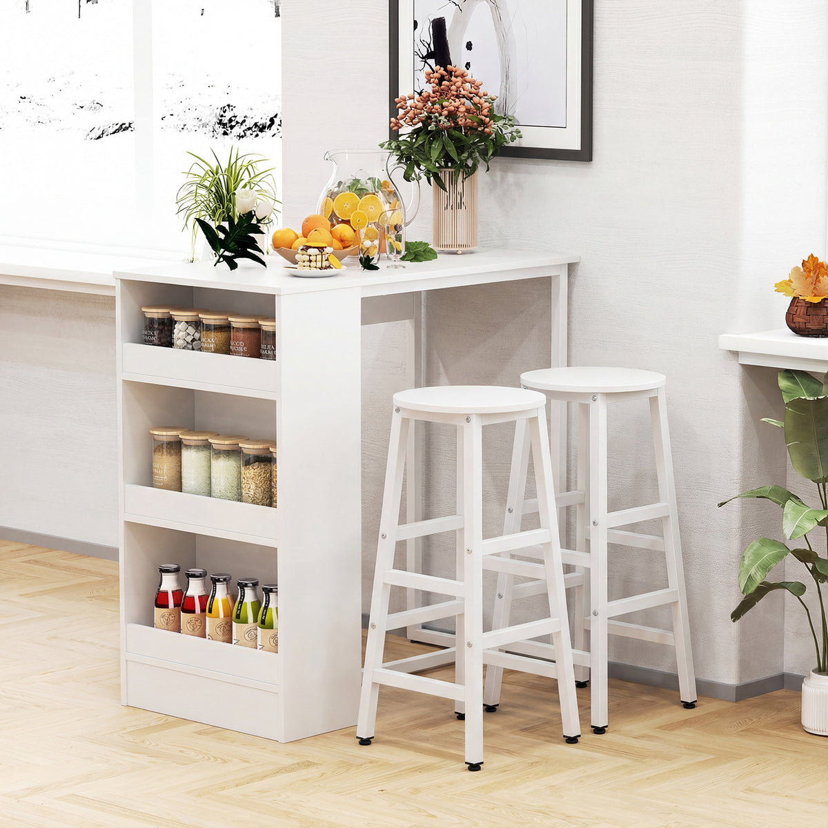 3-Piece Dining Table Set 91 cm Counter Height Bistro Table with 3 Storage Shelves-White
