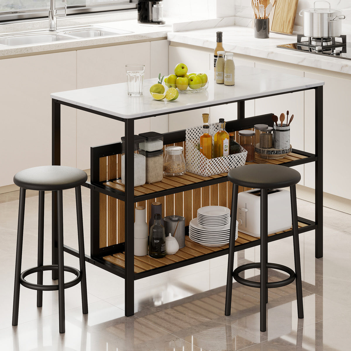3-Piece Dining Table Set Kitchen Island and 2 Bar Stools Set with 2-Tier Storage Shelf-White