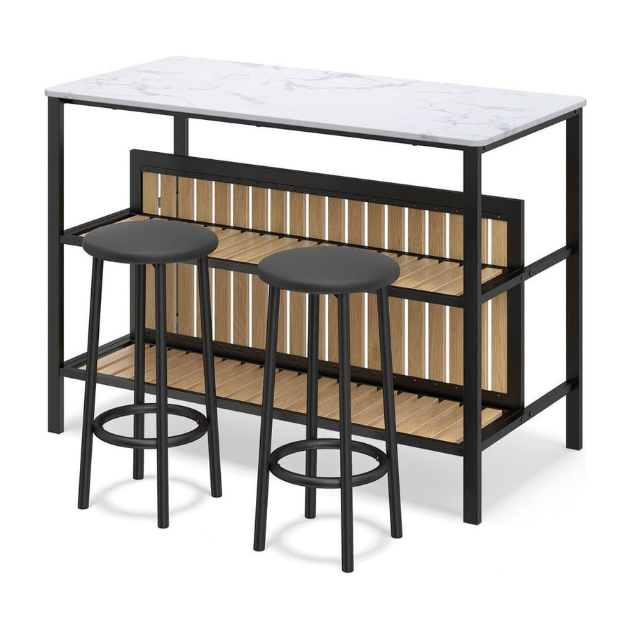 3-Piece Dining Table Set Kitchen Island and 2 Bar Stools Set with 2-Tier Storage Shelf-White