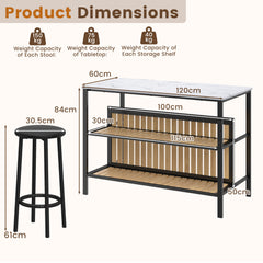 3-Piece Dining Table Set Kitchen Island and 2 Bar Stools Set with 2-Tier Storage Shelf-White