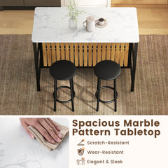 3-Piece Dining Table Set Kitchen Island and 2 Bar Stools Set with 2-Tier Storage Shelf-White