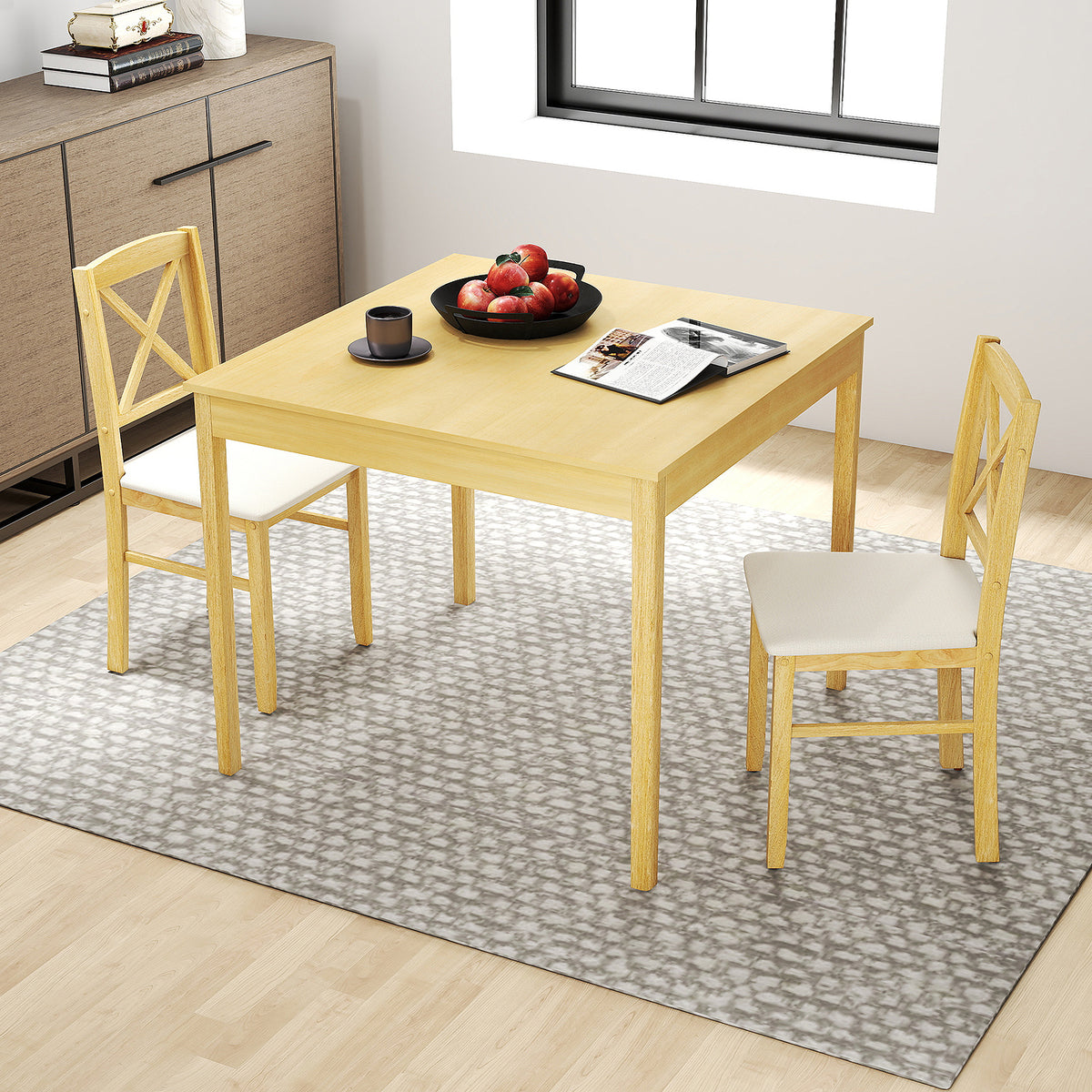 3-Piece Dining Table Set Wooden Square Kitchen Table with 2 Upholstered Chairs for 2 People-Natural