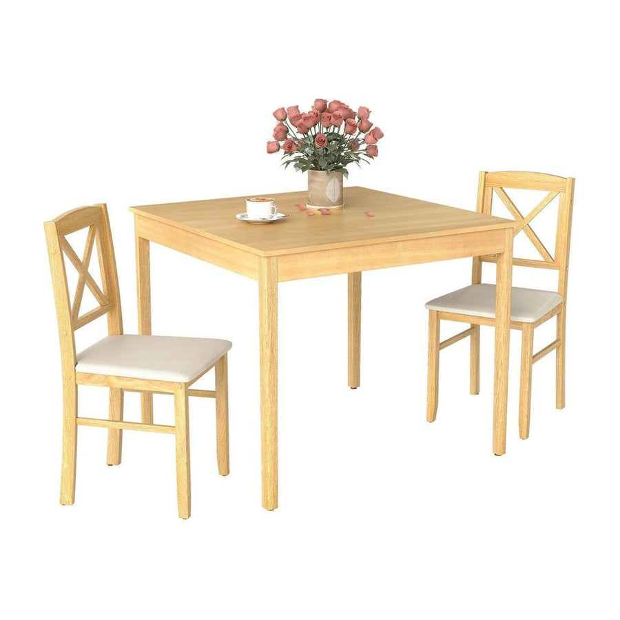 3-Piece Dining Table Set Wooden Square Kitchen Table with 2 Upholstered Chairs for 2 People-Natural