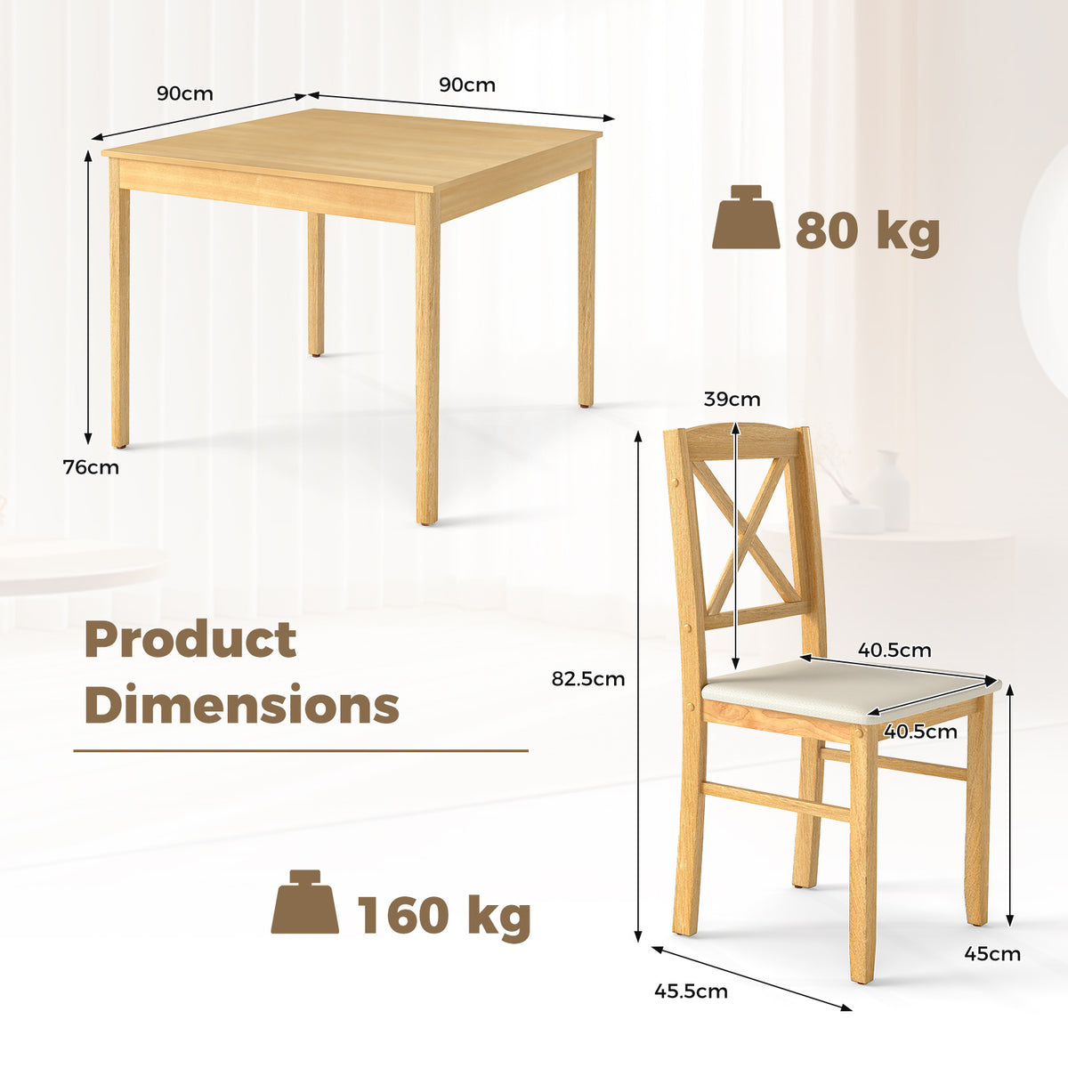 3-Piece Dining Table Set Wooden Square Kitchen Table with 2 Upholstered Chairs for 2 People-Natural