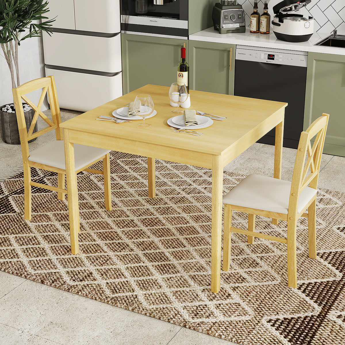 3-Piece Dining Table Set Wooden Square Kitchen Table with 2 Upholstered Chairs for 2 People-Natural