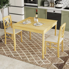 3-Piece Dining Table Set Wooden Square Kitchen Table with 2 Upholstered Chairs for 2 People-Natural