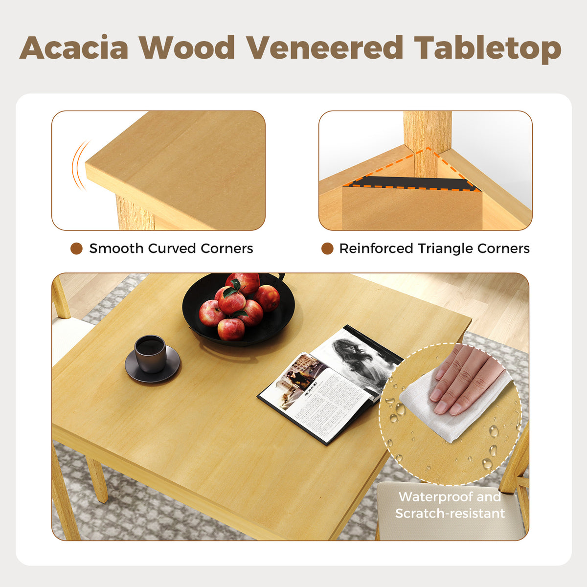 3-Piece Dining Table Set Wooden Square Kitchen Table with 2 Upholstered Chairs for 2 People-Natural