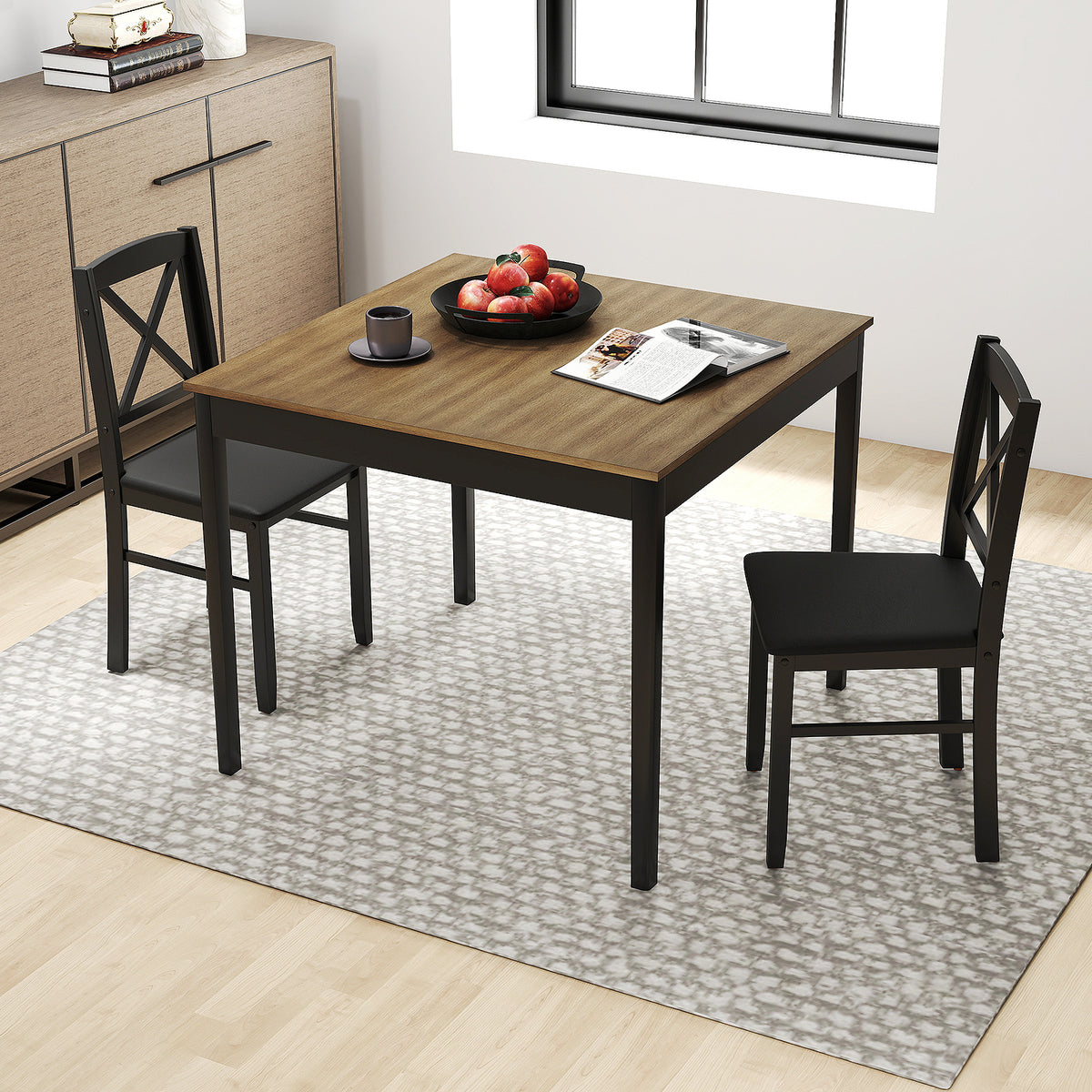 3-Piece Dining Table Set Wooden Square Kitchen Table with 2 Upholstered Chairs for 2 People-Rustic Brown