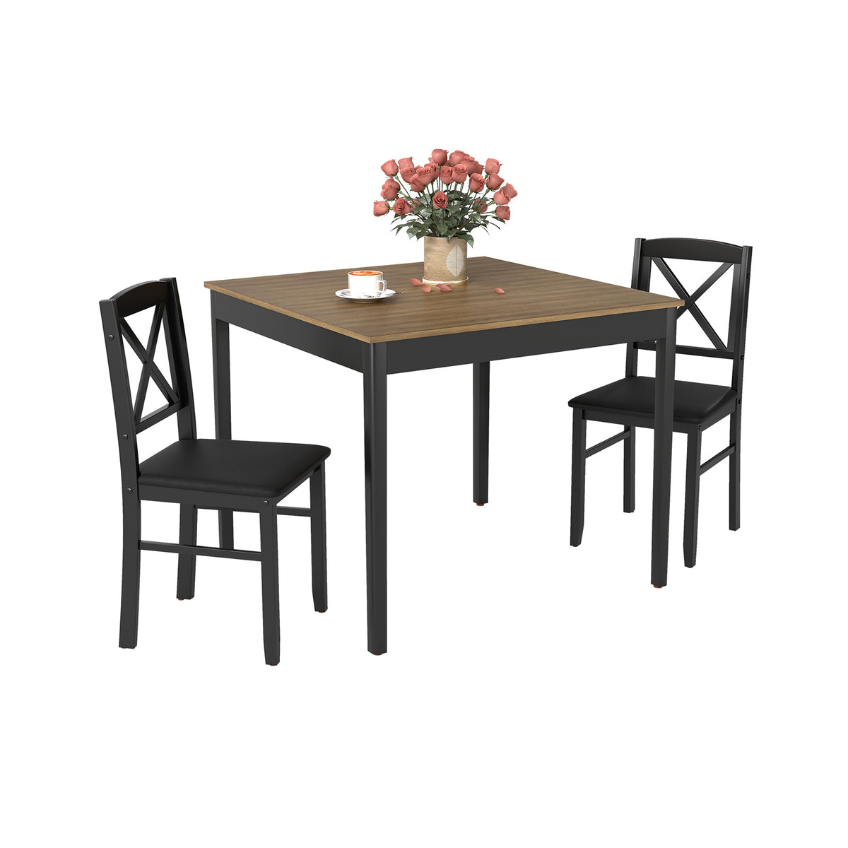 3-Piece Dining Table Set Wooden Square Kitchen Table with 2 Upholstered Chairs for 2 People-Rustic Brown