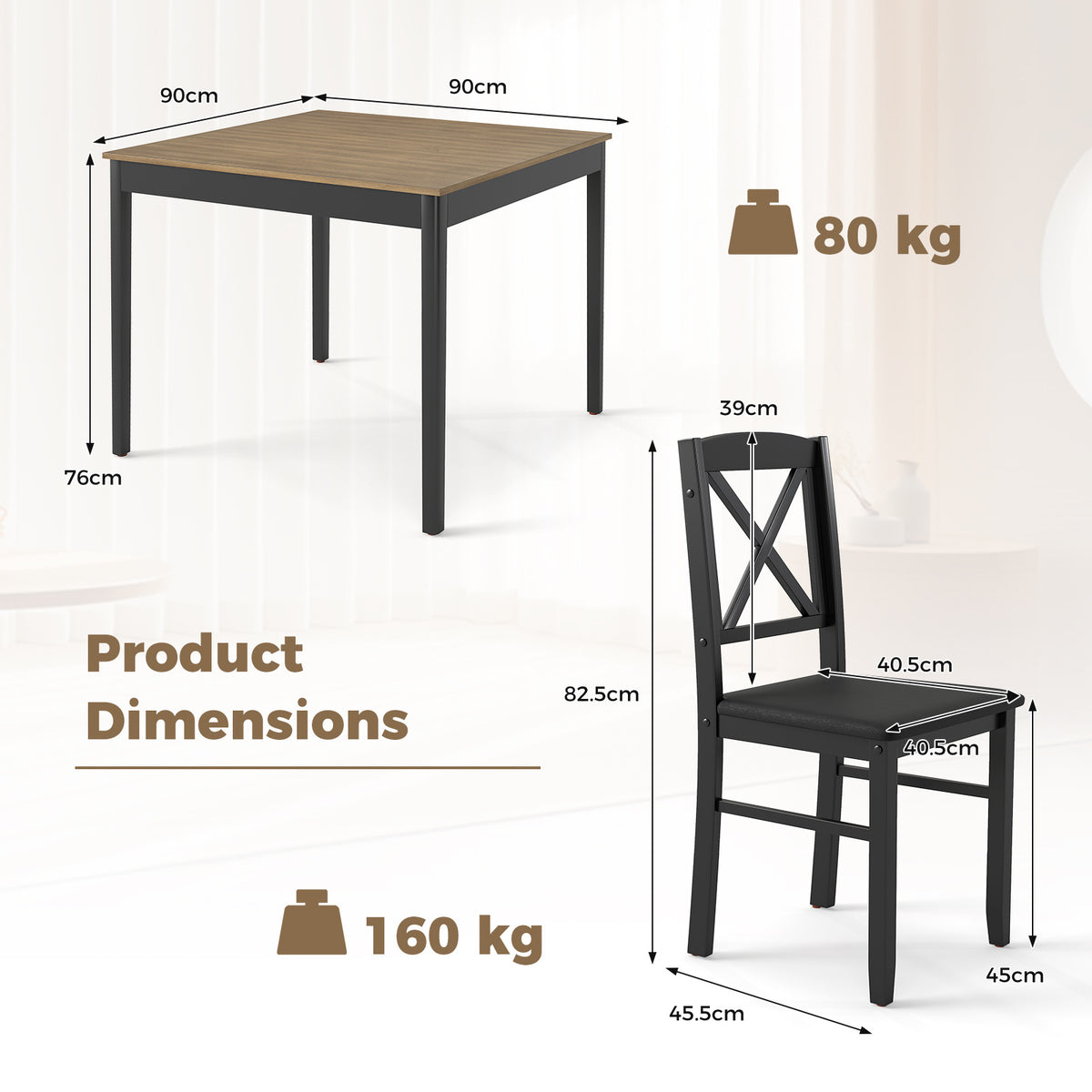 3-Piece Dining Table Set Wooden Square Kitchen Table with 2 Upholstered Chairs for 2 People-Rustic Brown