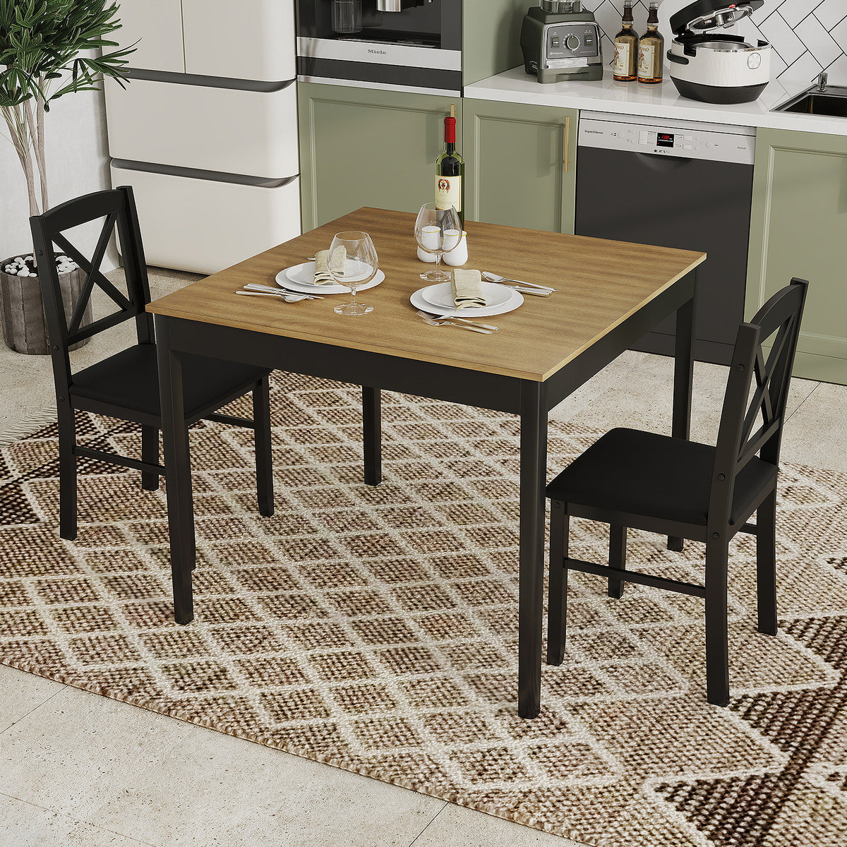 3-Piece Dining Table Set Wooden Square Kitchen Table with 2 Upholstered Chairs for 2 People-Rustic Brown
