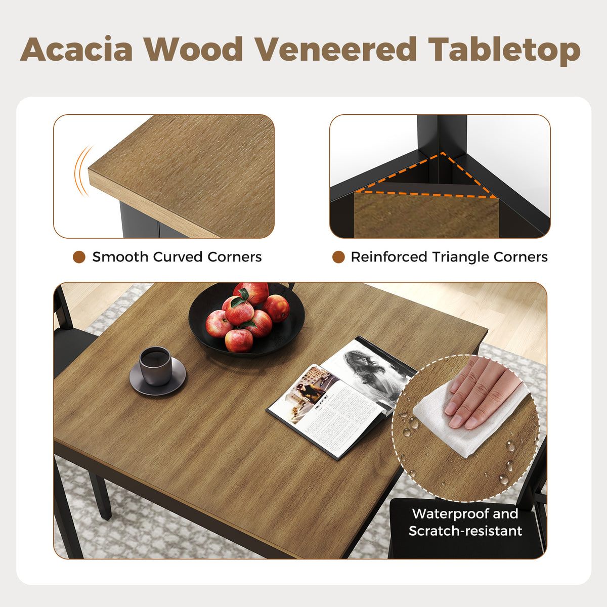 3-Piece Dining Table Set Wooden Square Kitchen Table with 2 Upholstered Chairs for 2 People-Rustic Brown