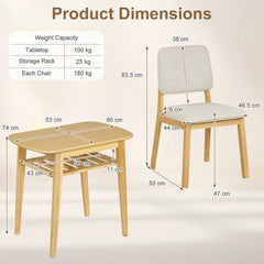 3-Piece Dining Table Set with Storage Rack for Small Spaces-Natural