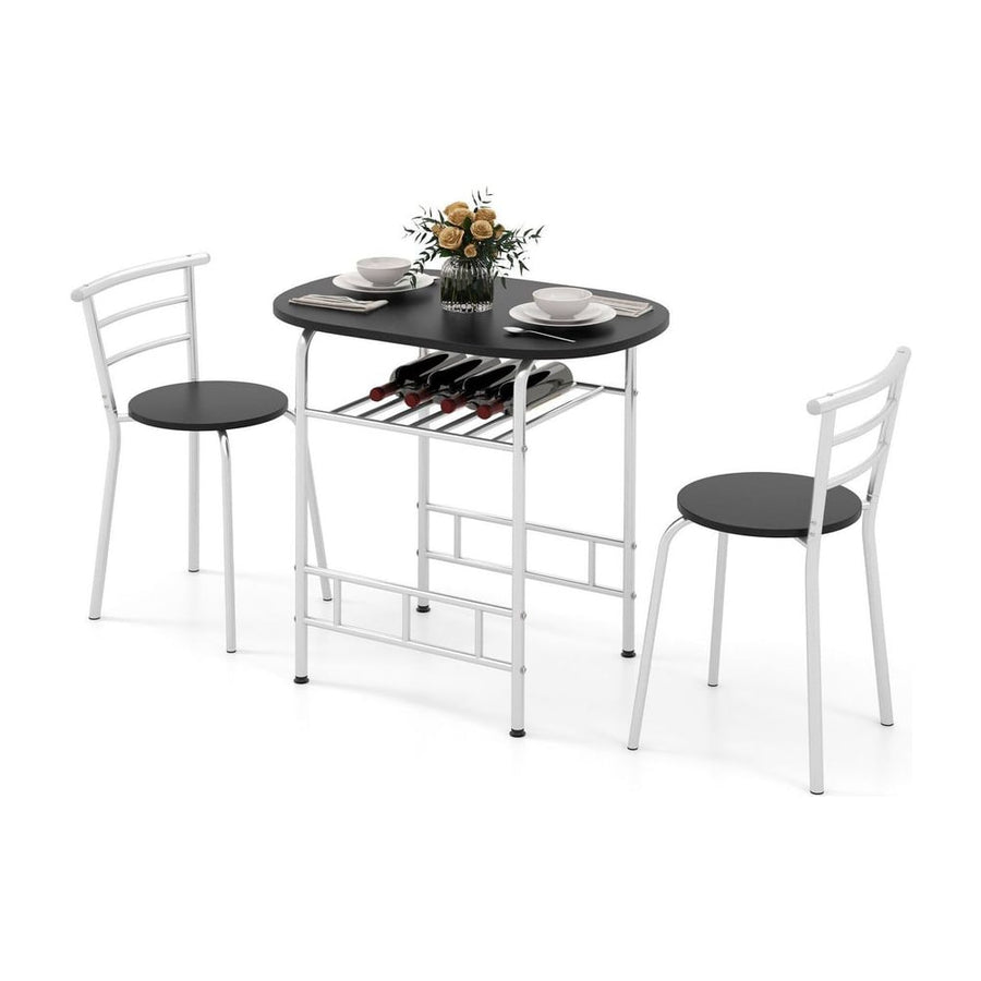 3-Piece Dining Table Set with Wood Grain Tabletop and Extra Wine Rack-Silver