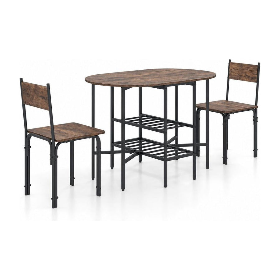 3-Piece Drop Leaf Dining Table Set with 2 Chairs and 2-Tier Storage Shelves for Kitchen-Rustic Brown