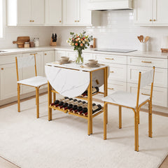 3-Piece Drop Leaf Dining Table Set with 2 Chairs and 2-Tier Storage Shelves for Kitchen-White