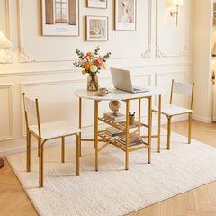 3-Piece Drop Leaf Dining Table Set with 2 Chairs and 2-Tier Storage Shelves for Kitchen-White
