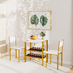 3-Piece Drop Leaf Dining Table Set with 2 Chairs and 2-Tier Storage Shelves for Kitchen-White