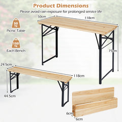 3-Piece Folding Picnic Table with Benches Fir Wood Portable Bear Camping Table-Natural