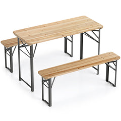 3-Piece Folding Picnic Table with Benches Fir Wood Portable Bear Camping Table-Natural