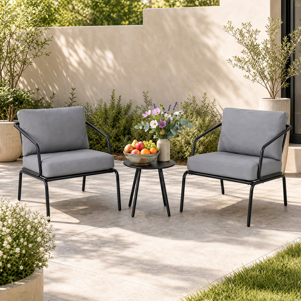 3 Piece Outdoor Bistro Set Round Side Table and 2 Armchairs with Padded Cushions-Grey
