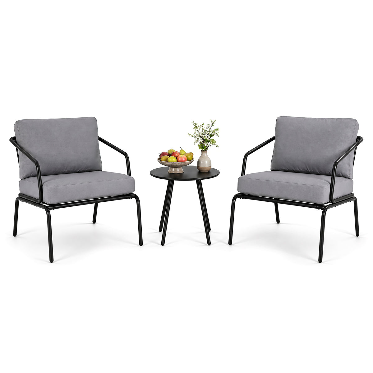 3 Piece Outdoor Bistro Set Round Side Table and 2 Armchairs with Padded Cushions-Grey