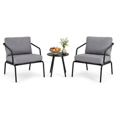 3 Piece Outdoor Bistro Set Round Side Table and 2 Armchairs with Padded Cushions-Grey