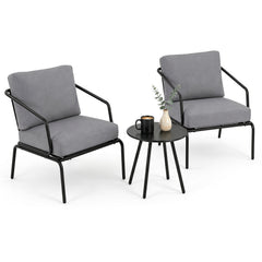 3 Piece Outdoor Bistro Set Round Side Table and 2 Armchairs with Padded Cushions-Grey