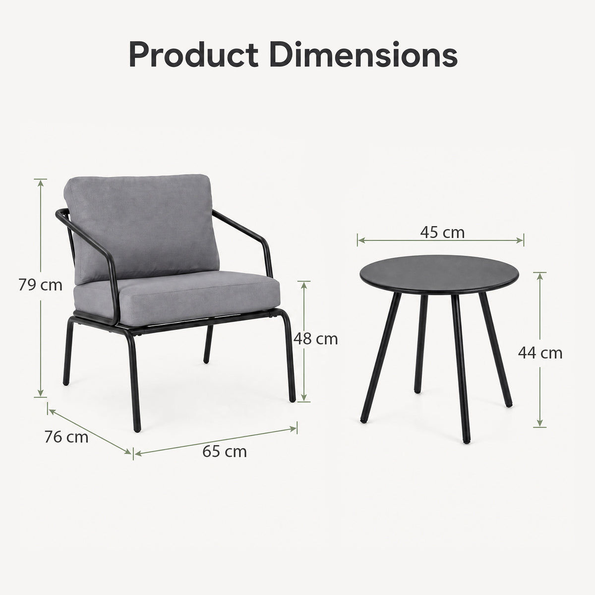 3 Piece Outdoor Bistro Set Round Side Table and 2 Armchairs with Padded Cushions-Grey